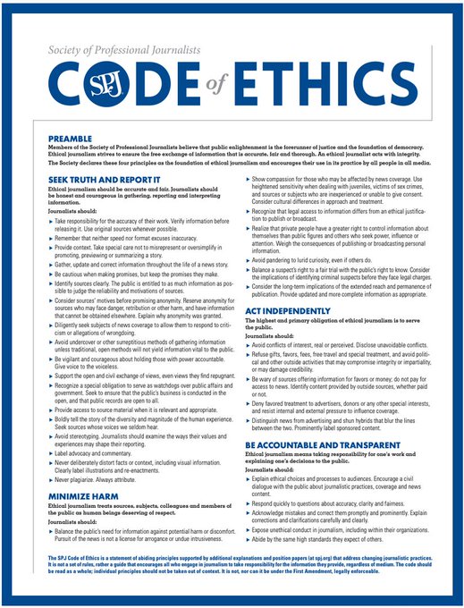 For journalists covering the #IsraelHamasConflict, keep the SPJ Code of Ethics in mind and check out these resources. 🧵 Journalists need to 'take responsibility for the accuracy of their work. Verify information before releasing it. Use original sources whenever possible.'