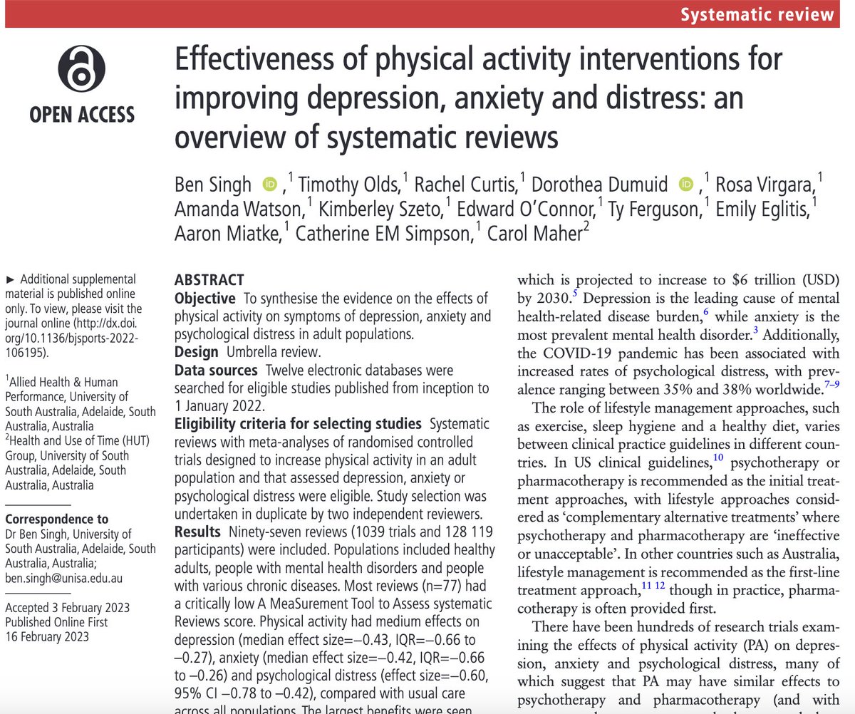 Movement is medicine.

Large systematic review of over 1,000 trials and 120,000 participants finds that exercise has a significant effect on symptoms of depression, anxiety, and psychological distress.

We need to do a better job of integrating mental and physical health.