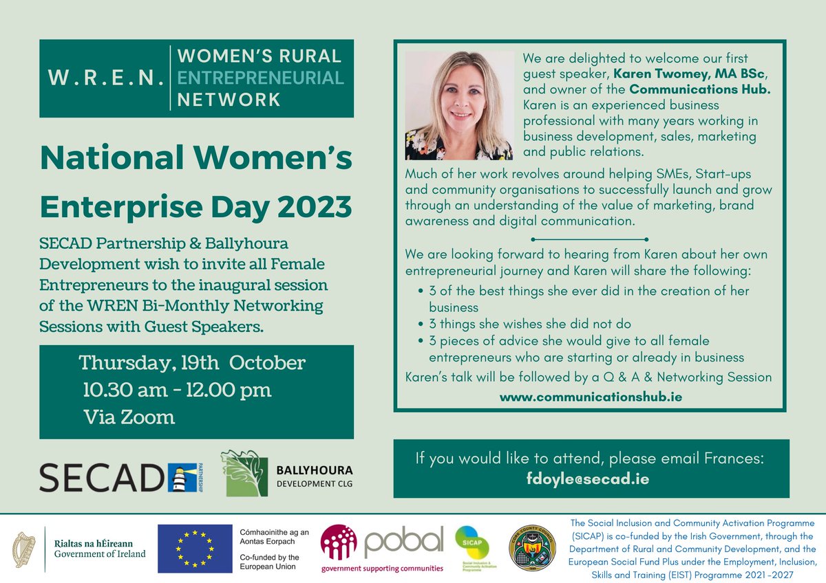 Join Ballyhoura Development & SECAD to celebrate National Women's Enterprise Day at the first of the WREN Bi-Monthly Networking Sessions with our first Guest Speaker Karen Twomey, owner of the Communications Hub. Email fdoyle@secad.ie to register. @comm_hub @BallyhouraDev