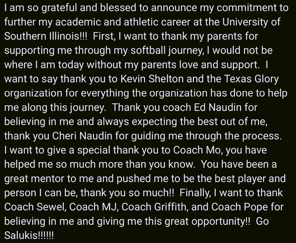 Go SALUKIS!!
<a href="/TexasGlory/">Texas Glory</a> <a href="/ednaudin/">Ed Naudin</a> <a href="/mimi_k23/">Coach Mo - Mariah Haygood</a> <a href="/CSA_Athletes/">Collegiate Sports Advocate (CSA)</a> <a href="/CoachJenSewell/">Coach Jen Sewell</a> <a href="/MaryJoFirnbach/">Mary Jo Firnbach</a> <a href="/SIU_Softball/">Saluki Softball</a>