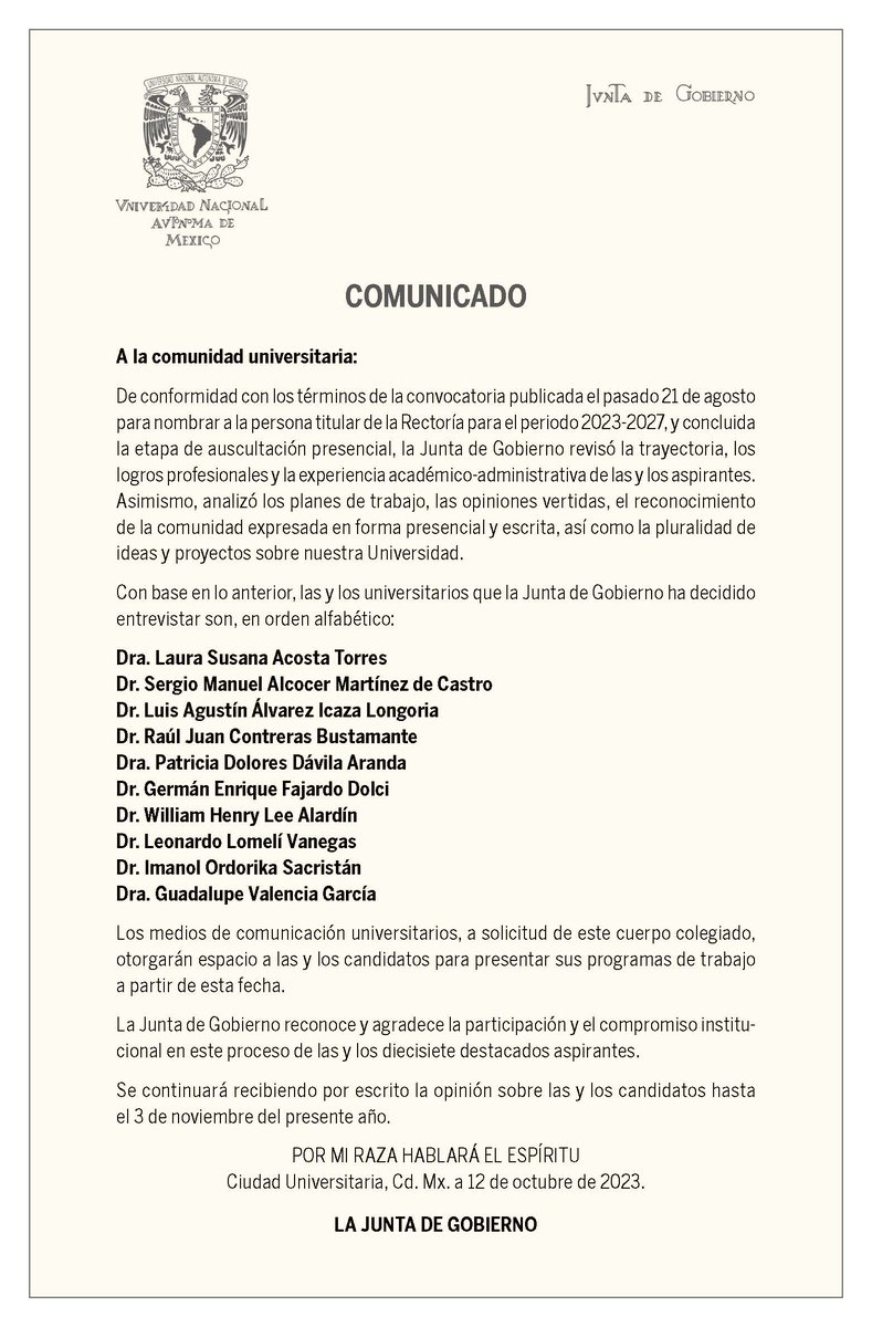 La JG incluyó en la lista de candidatos a rectoría a la única propuesta de cambio profundo de nuestra UNAM. Agradezco a las comunidades académicas que nos han apoyado en CCHs y Prepas, facultades y escuelas, institutos y centros. ¡El cambio en la UNAM es impostergable!