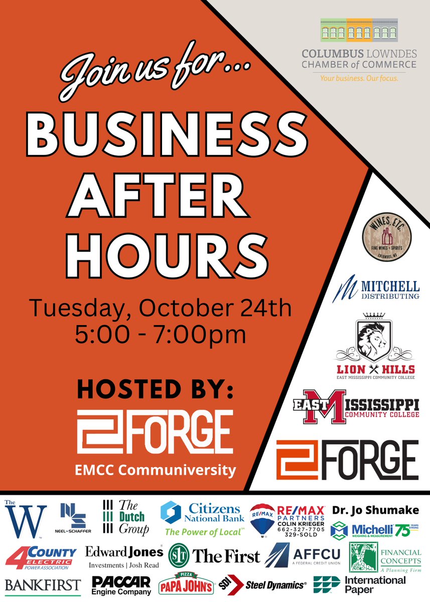 Join us for an interactive preview of the FORGE EXPO. Enjoy hors d'oeuvres by Lion Hills, beverages by Mitchell Distributing, entertainment by Goodloe Chilcutt &amp; the chance to win amazing door prizes.

We welcome Chamber members from Clay &amp; Oktibbeha counties to join!