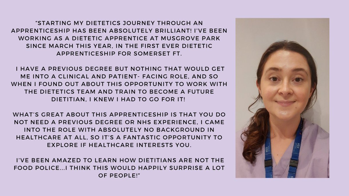 SFT_Dietitians's tweet photo. For Allied Health Professionals Day, Dietetic Apprentice Alice Reynolds shares her experience of what it has been like to be one of the first to train as a dietetic apprentice at @SomersetFT and some of the advantages of learning on the job.
#AHPsDay2023 https://t.co/Jfa31kaUPV