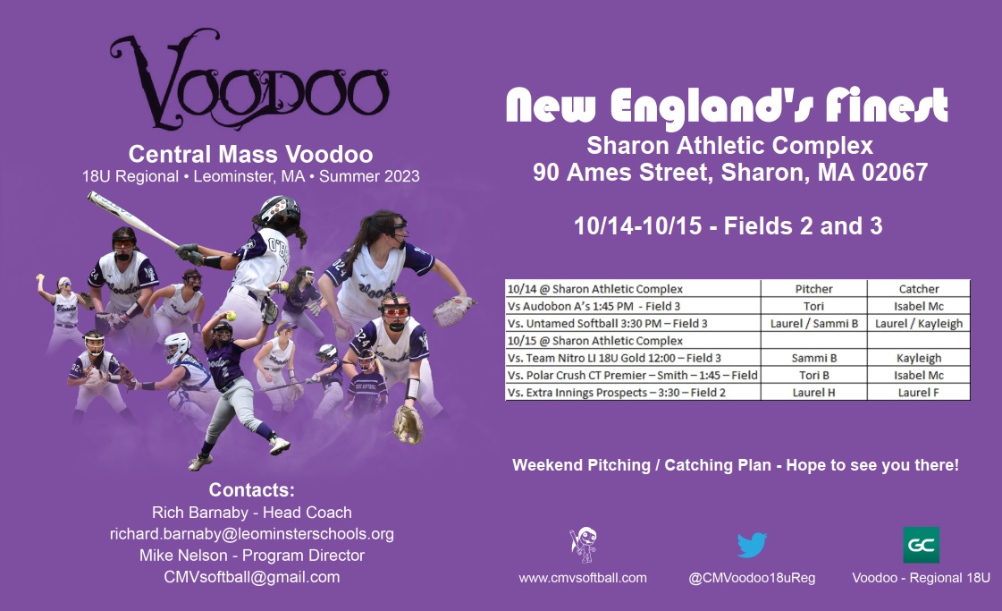 Only a couple days away!  Pitcher Catcher Assignments for the upcoming New England's Finest.  We are at the Sharon Athletic Complex on Ames Street.

Hope to see you there!

<a href="/2024victoria/">Victoria Belcastro</a> <a href="/LaurelHross2024/">Laurel Hross</a> <a href="/Laurelfield5/">Laurel Field</a> <a href="/IsabelMclam/">Isabel McLam 2025</a>