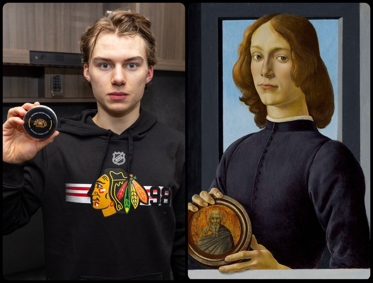 ArtButSports's tweet photo. Portrait of a Young Man Holding a Roundel, by Sandro Botticelli, 1480, 📸 via @NHLBlackhawks https://t.co/syzbPIlWvQ