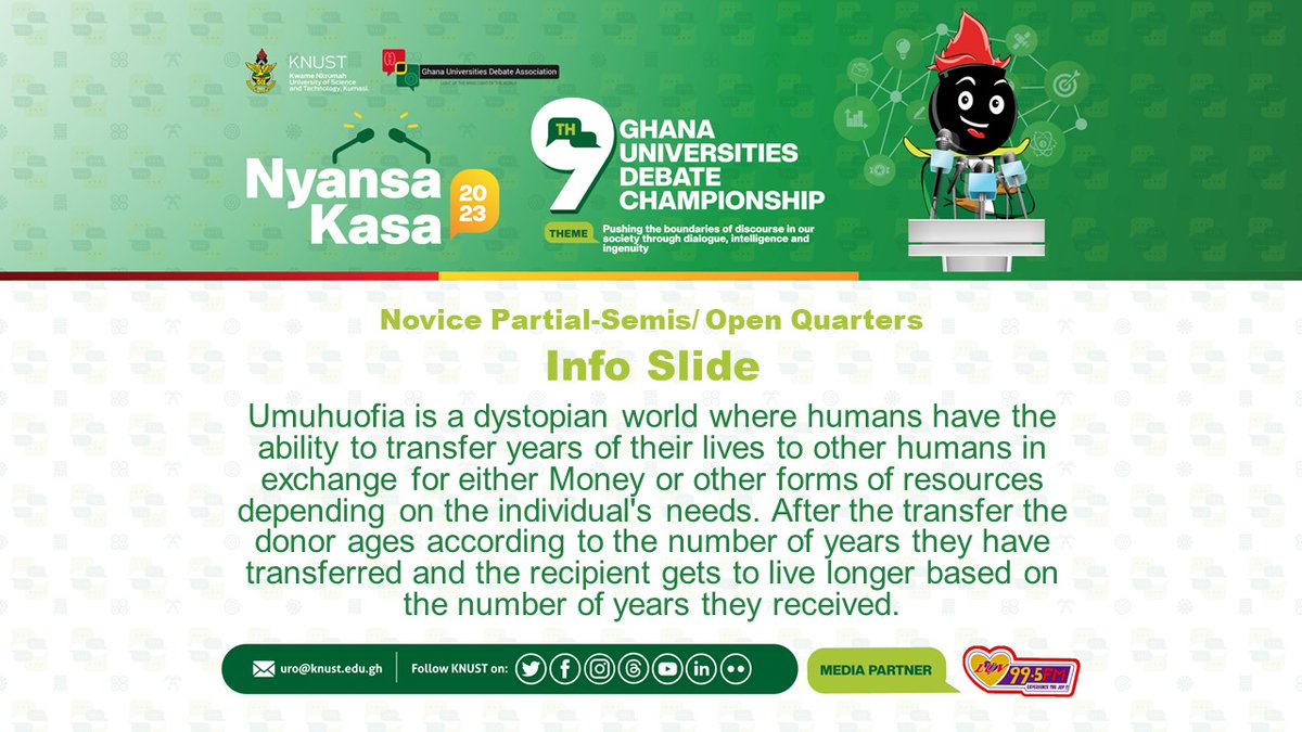 After 9 long rounds, 16 open teams and 12 novice teams proceed to the next stage of the competition. While open teams compete in the quarter finals, some novice teams are competing in the partial semi finals.

Here we go! Elimination rounds!
#GUDCinKNUST | #Nyansakasa2023