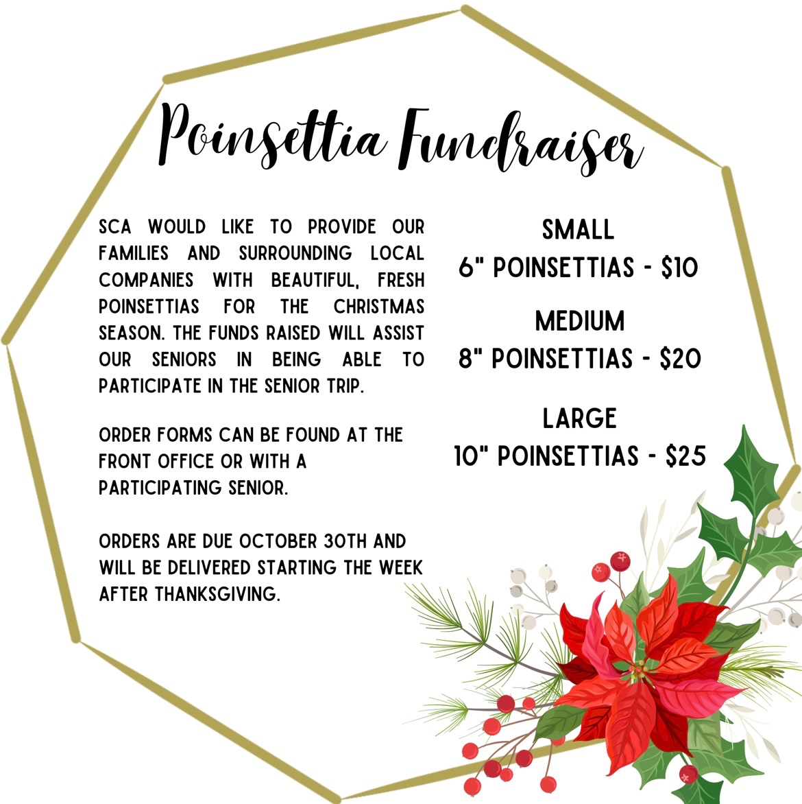 🎄Poinsettia Fundraiser🎄

SCA WOULD LIKE TO PROVIDE OUR FAMILIES AND SURROUNDING LOCAL COMPANIES WITH BEAUTIFUL, FRESH
POINSETTIAS FOR THE CHRISTMAS SEASON. THE FUNDS RAISED WILL ASSIST
OUR SENIORS IN BEING ABLE TO PARTICIPATE IN THE SENIOR TRIP.