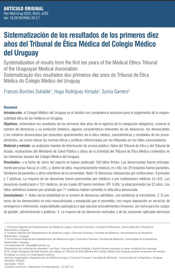 medicinalegal's tweet photo. Sistematización de los resultados de los primeros diez años del Tribunal de Ética Médica del Colegio Médico del Uruguay, por Frances Borches Duhalde,Hugo Rodríguez Almada y Sylvia Gamero.

https://t.co/uO8iTEC6wS https://t.co/KxQvuKzYeO