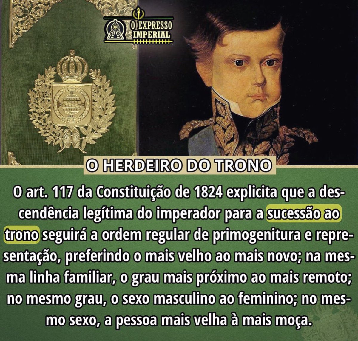 ExpressoImperio's tweet photo. A Constituição não impedia que mulheres assumissem o trono, mas dava preferência ao filho do sexo masculino. Isso se deve à influência da Lei Sálica, comum à época, embora com o tempo foi sendo dirimida no mundo. #monarquia #dompedrosegundo #dompedro #imperiodobrasil #historia https://t.co/9P0NoD6AWJ