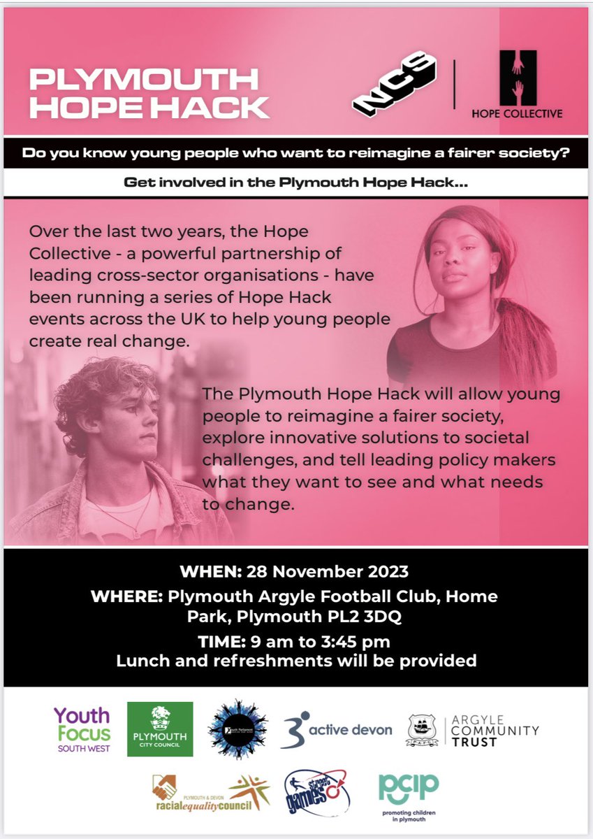 CarlKnightBD's tweet image. Absolutely buzzing to deliver #PlymouthHopeHack in November for the young people of Plymouth - the @HopeCollective2 is real! Thankful for these amazing organisations @focus_sw @UKYPPlymouth @PlymYouthServ @activedevon @PDRaceEquality @StreetGames @ArgyleTrust &amp;amp; #pcip #TeamHope