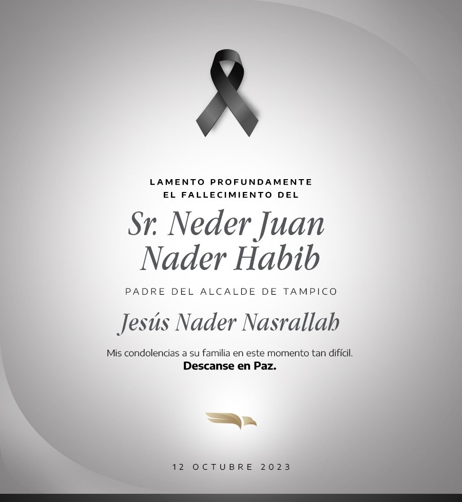 Dr_AVillarreal's tweet photo. Mi solidaridad con el alcalde de Tampico, Jesús Nader Nasrallah, ante el sensible fallecimiento de su padre, el Sr. Neder Juan Nader Habib. Mis condolencias ante tan irreparable pérdida. https://t.co/6SVIiIU3lJ