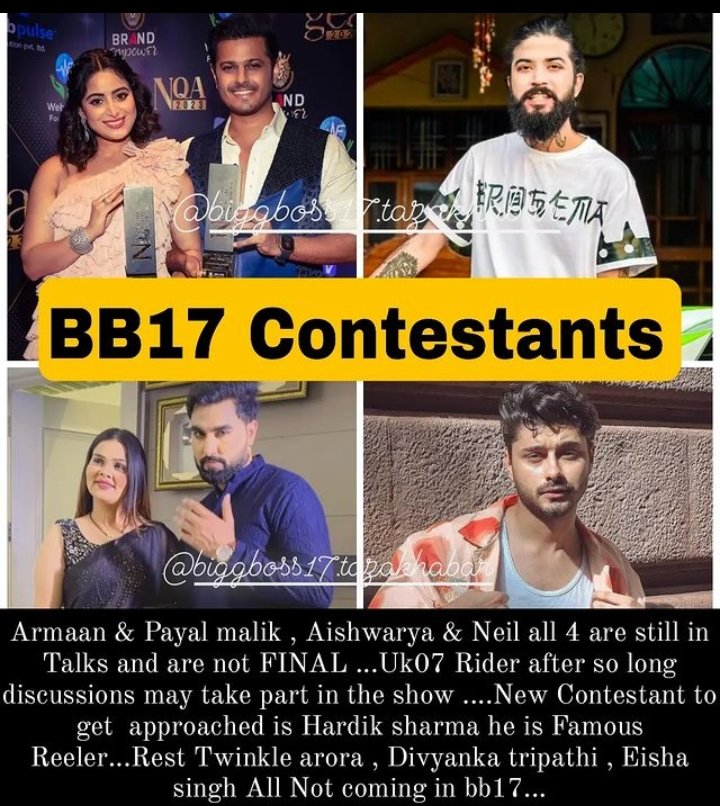 #armaanmalik & #payalmalik , aishvarya and neil all 4 are still in talks and not FINAl ..uk07 rider also discussed 
#divyankatripathi #twinklearora all not coming in #BB17 

#ManishaSquad #ManishaRani𓃵 #ManishaRani #Abhisha #Elvisha #BiggBoss17