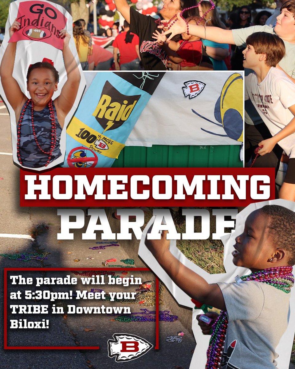 BiloxiAthletics's tweet photo. HOCO ‘23! Join us in Downtown Biloxi! After the parade, #PackTheArena and cheer on our Lady Indians as they look to advance in the MissHSAA Volleyball Playoffs! 

Parade - 5:30
Volleyball Game - 7:00

#BlxIndianNation | #OneTribe https://t.co/wvK82PLVL9