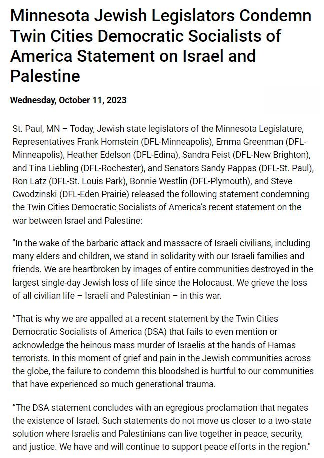 Jewish members of the Minnesota State Legislature released the following statement condemning the Twin Cities Democratic Socialists of America’s recent statement on the war between Israel and Palestine: house.mn.gov/members/profil… #mnleg