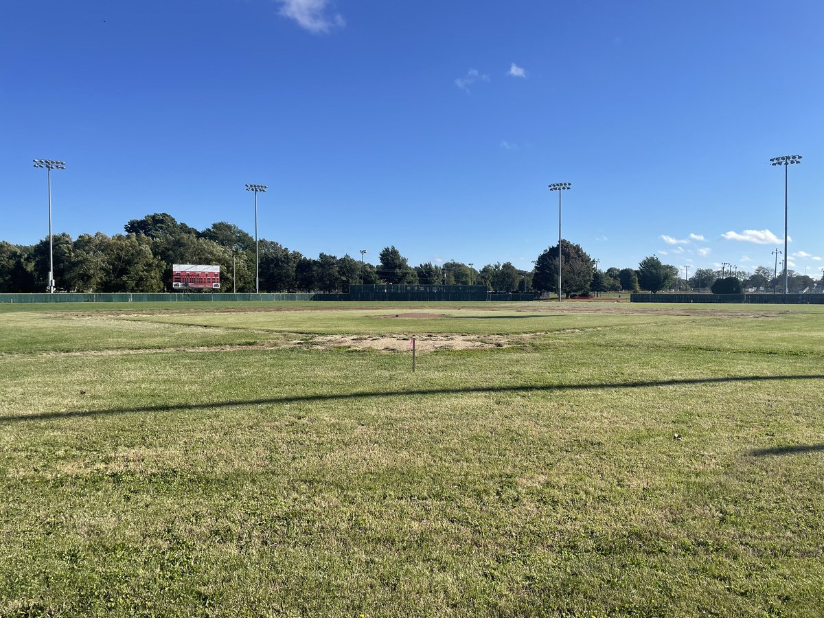 DruryBaseball's tweet photo. Stakes are out &amp; equipment is arriving. Time to get full turf on “Mark Worley Field” at Meador Park moving! Home plate moving 15’ closer to the fans, 12’ metal fence going up all around. Stay tuned for progress or stop by the field during a lunch break next week. @MidAmericaSC https://t.co/N5kjhH1c0b