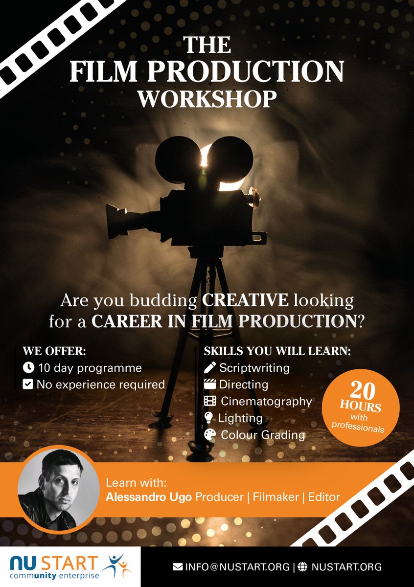 Nu_Start's tweet photo. Contact us NOW to save your spot at our upcoming Film Production Workshops! info@nustart.org or check out our website for more info. 

Graphics: @hannahdidit_design
.
.
#nustart #filmworkshop #filmproduction #filmmakers https://t.co/6LE1tJm8nm