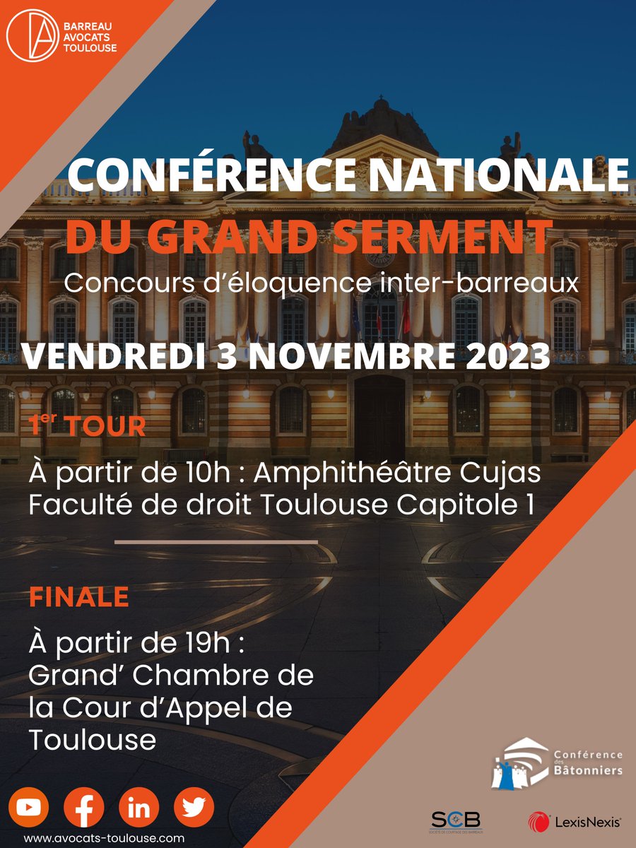 📢Suite à la victoire d’une avocate du Barreau de Toulouse l’année dernière, nous accueillons le 3 novembre prochain le Concours National du Grand Serment.
Les meilleurs jeunes avocats de toute la France sont attendus pour une journée dédiée à l'éloquence et à l'art oratoire.