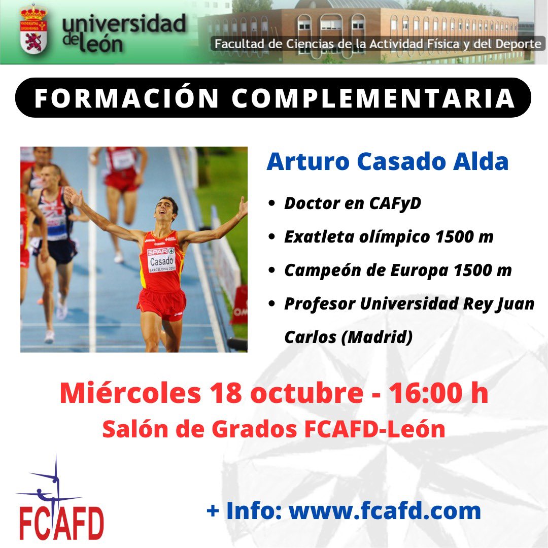 FcafdLeon's tweet photo. 🚨Actividad formativa con Arturo Casado "Control de la carga en entrenamiento interválico de moderada intensidad a través del lactato".
Miércoles 18 octubre
16:00 h Salón Grados #FcafdLeon
Actividad gratuita, hasta completar aforo.
+info: https://t.co/pHzLFeqy8F https://t.co/OL1MrYa5vm