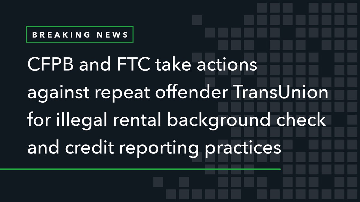 Today, the @CFPB and @FTC took multiple enforcement actions against @TransUnion, the credit reporting conglomerate that harvests and monetizes our sensitive personal data. $TRU consumerfinance.gov/about-us/newsr…