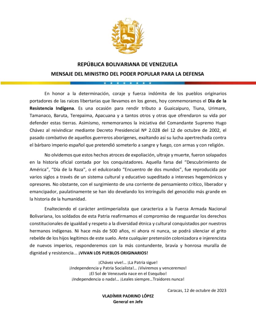 PrensaFANB's tweet photo. 📄 #Importante || Mensaje del ciudadano GJ Vladimir Padrino López, con motivo al 531° Aniversario de la Resistencia Indígena.
Enlace: https://t.co/bujIOgI4Yo
#SomosResistenciaIndigena https://t.co/1rQBFjSDDE