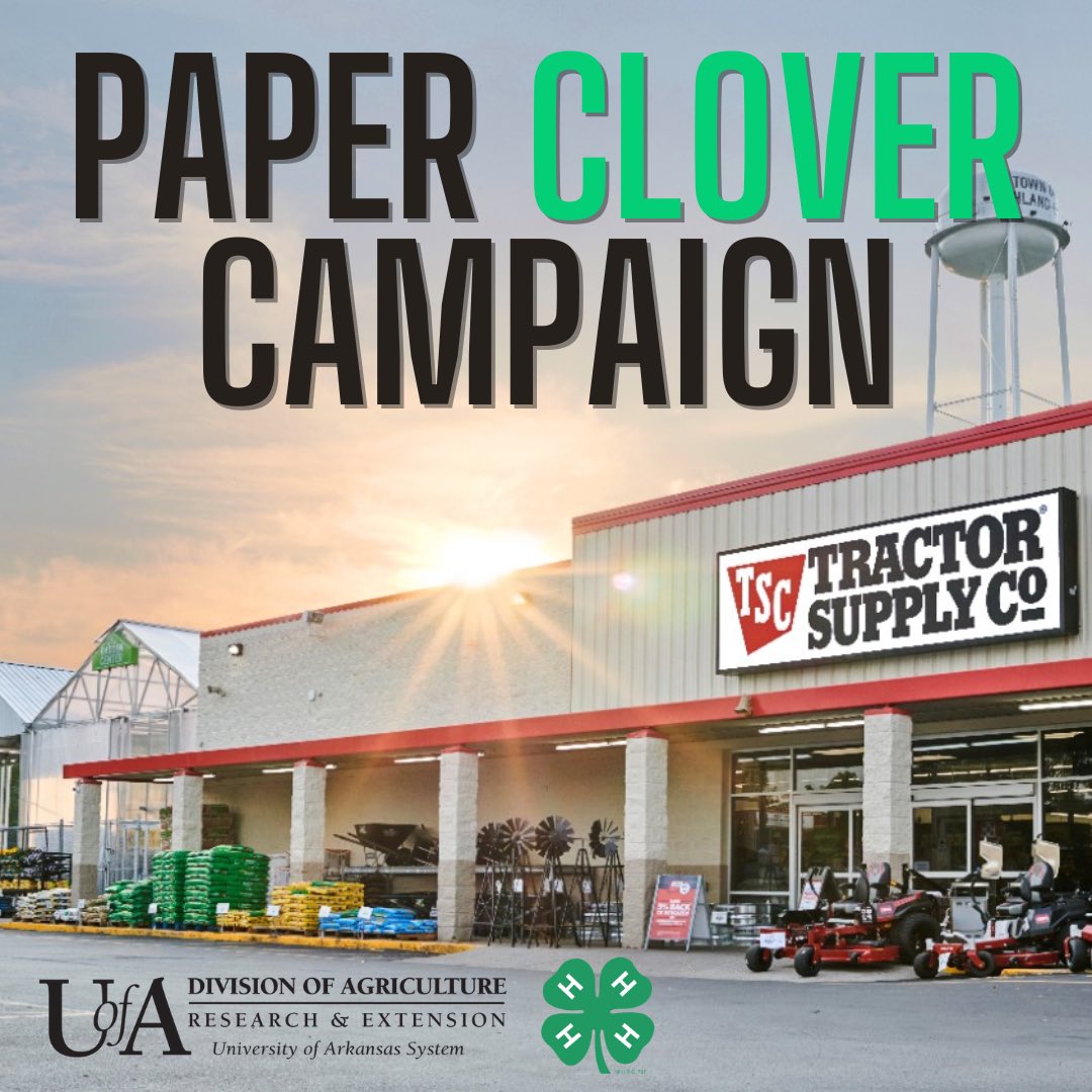 Arkansas4H's tweet photo. It’s our favorite time, @TractorSupply Paper Clover time 🍀🤩🎉🥳 

Visit your local TSC store &amp; when you hit the checkout, make sure you get your #4HPaperClover to show your support! Funds from this campaign help 4-H camp &amp; leadership programs! #AR4H #AR4HLovesTSC https://t.co/SKo2SDu6tj