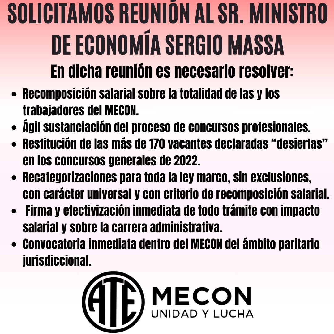 atemecon's tweet photo. Compartimos nota solicitando urgente reunión con el Ministro Sergio Massa, a fin de resolver tantos problemas postergados ligados a los bajos salarios y la precarización laboral a través de sus distintas modalidades de contratación
#PaseAPlanta
#RecomposiciónSalarial https://t.co/RhcSdSdj3y