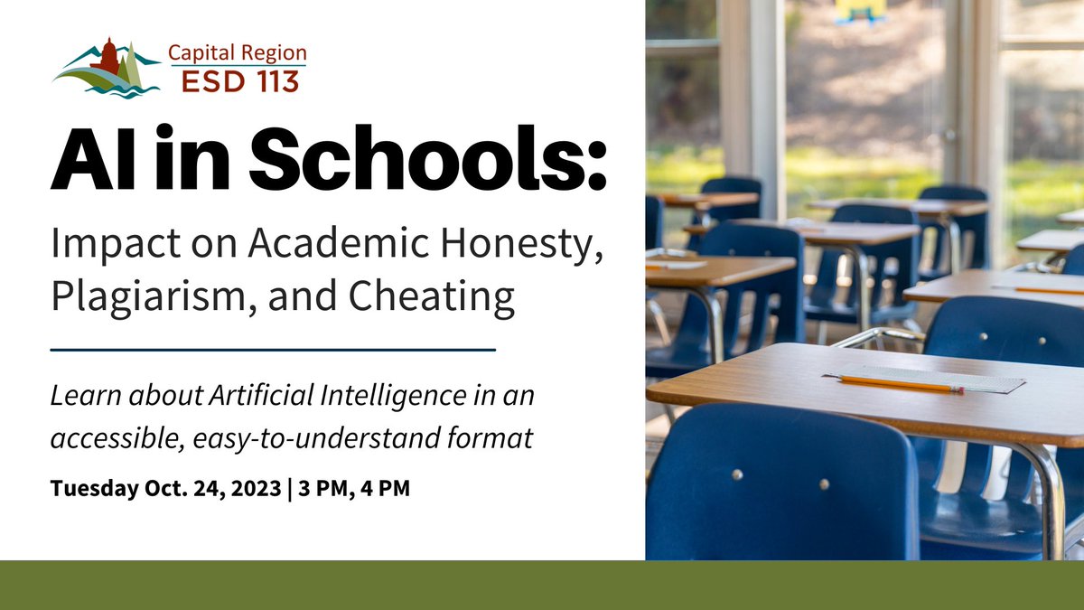 Sign up today for AI in Schools: AI's impact on academic history, plagiarism, and cheating. Don't miss an opportunity to learn more about this new technological advancement! bit.ly/3sTuafw #WeAreESD113