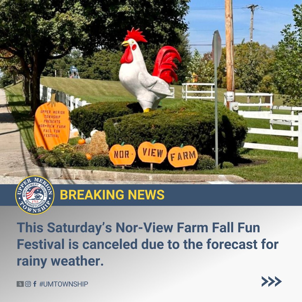UMTownship's tweet photo. 🌧️ Due to forecasted rain, this Saturday's Nor-View Farm Fall Fun Festival is canceled. Don't worry, join us for all the fun on October 21 and 28! 🍂🎉 

To learn more visit https://t.co/7d1hbVHvks

#UMTFallFun #RainCheck #norviewfarm https://t.co/PKMVEBxhJq