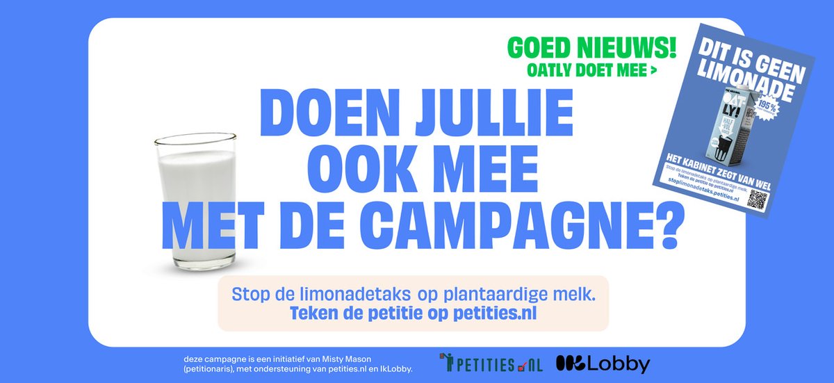 vegetariersbond's tweet photo. Stop de voorgenomen #limonadetaks van het kabinet op plantaardige melkalternatieven en teken de petitie 🙏 
https://t.co/RfNOzo5TIt
#havermelkbelasting #petitie @iklobby @oatly #vakervega #lekkervega https://t.co/3JJOVM1KlG