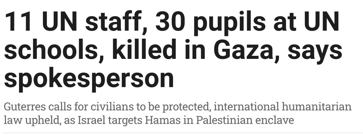 briebriejoy's tweet photo. IDF killed at least 11 UN staff members and thirty *kids* who attended UN schools in Gaza. 

"The dead included five teachers, a gynecologist, an engineer, a counselor and three support staff."

https://t.co/sUIgdeu1Jw https://t.co/Oeo3muCsGD