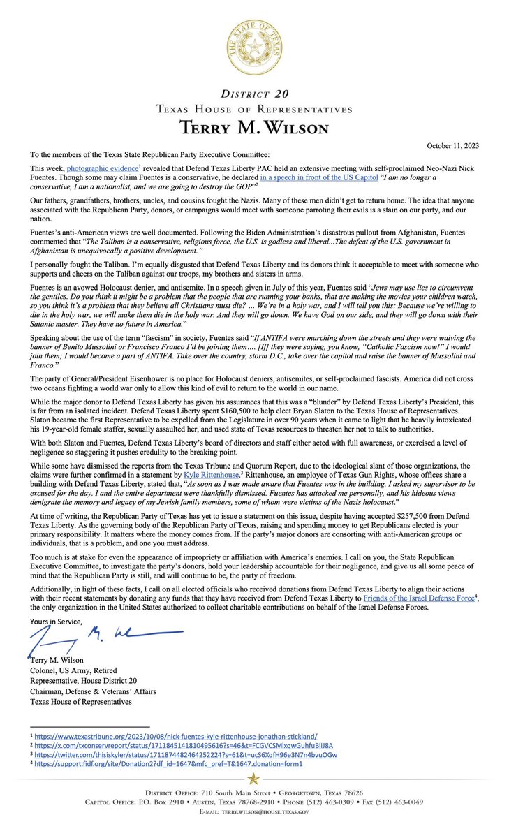 DadePhelan's tweet photo. A thorough, worthwhile read from @terrywilsonTX. @DefendTXLiberty’s ties to neo-Nazis, anti-semitism and anti-American sentiment are no “blunder”. They are far from isolated incidents. 

Please give this a read. We are owed accountability and answers from @defendtxliberty https://t.co/FlLEL34NXW
