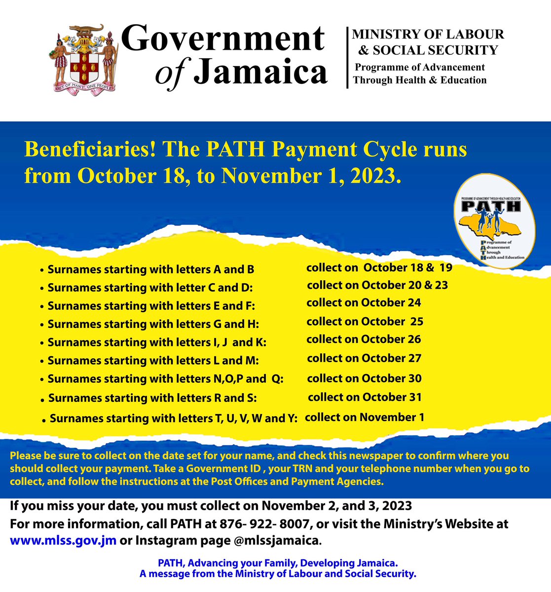 mlssjamaica's tweet photo. The PATH Payment Cycle will run from October 18-November 1, 2023.
#mlssjamaica #pathmlss https://t.co/aOctpC6HSV