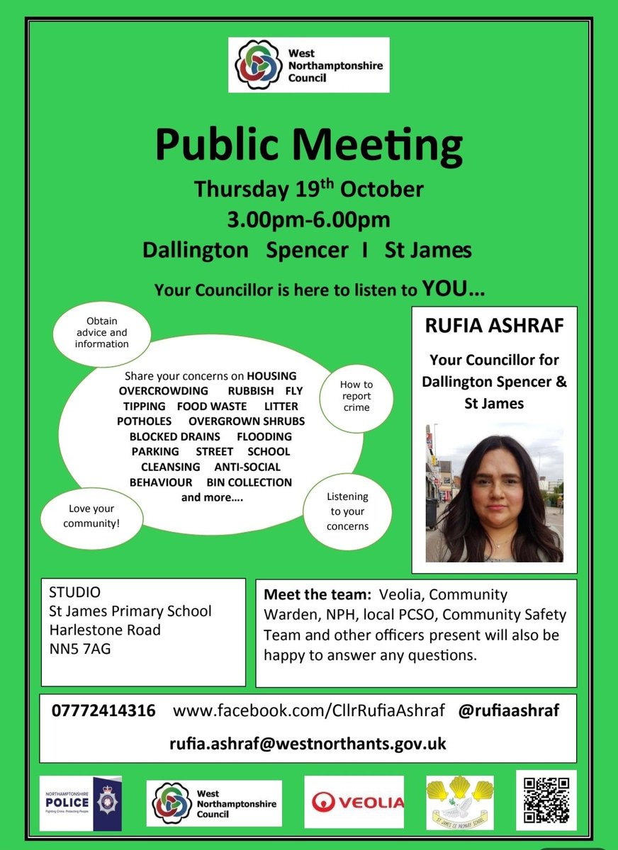 rufiaashraf1's tweet photo. Cllr Rufia Ashraf is inviting residents living in Dallington Spencer, Kingsheath, Rye Hill and St James to a Public meeting to share issues and concerns where they live.  @WestNorthants  @NorthantsPolice @Veolia @StJamesNN5 #lovewhereyoulive https://t.co/SJvupUDovn