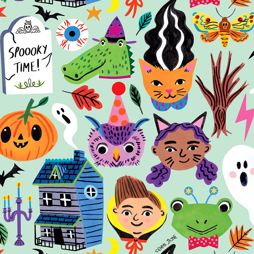 A little Halloween pattern with super cute spooky characters 👻🎃🧙‍♀️
#Halloween #halloweeniscoming #surfacepatterndesign #childremsillustrator #kidlitartist #spookymonth #spookytime