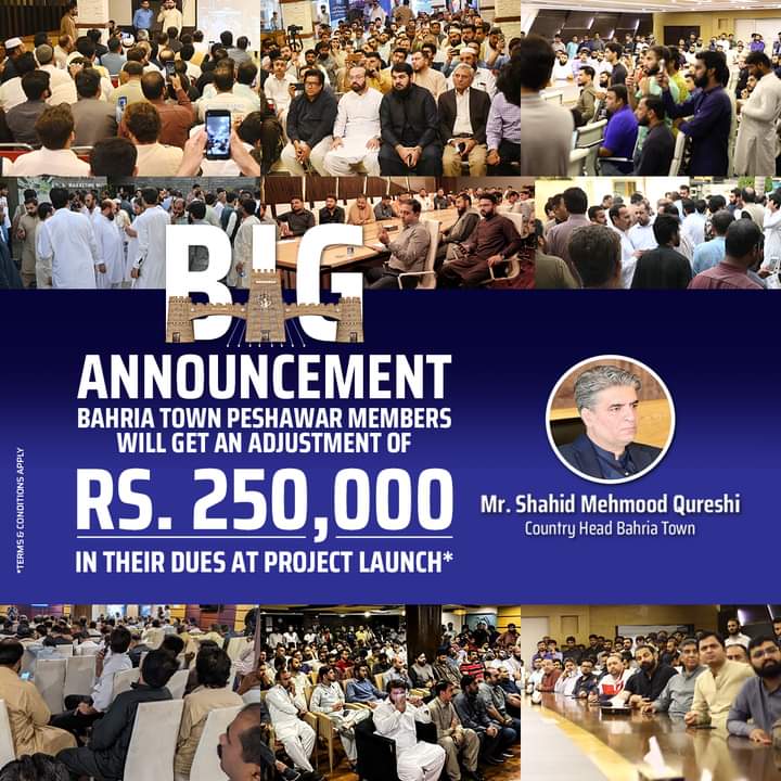 youpropertiespk's tweet photo. BIG ANNOUNCEMENT 🔊 for Bahria Town Peshawar Members! The valued members will receive a Rs. 250,000 adjustment in dues. 
Mr. Shahid Mehmood Qureshi- Country Head, Bahria Town, announced the Special Offer.
*Terms &amp; Conditions Apply

#BigAnnouncement #BahriaTownPeshawar https://t.co/4ejbDvci05