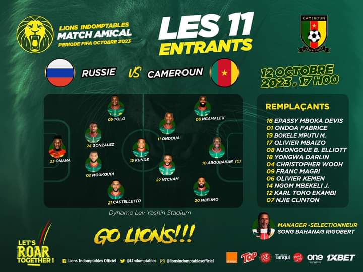 🔴 𝐌𝐚𝐭𝐜𝐡 𝐚𝐦𝐢𝐜𝐚𝐥 𝐂𝐚𝐦𝐞𝐫𝐨𝐮𝐧 - 𝐑𝐮𝐬𝐬𝐢𝐞
La liste des onze entrants en attendant le match tout à l'heure à 17h.