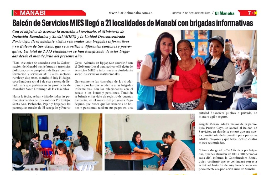 JulyHidalgo9's tweet photo. #MIESZona4 l Compartimos la publicación de Diario El Manaba sobre nuestro balcón de servicio móvil que ha llegado a más de 2 mil ciudadanos de varios cantones de #Manabí.

#NuestroTrabajoContinúa 
@InclusionEc https://t.co/wEdonVnTHc
