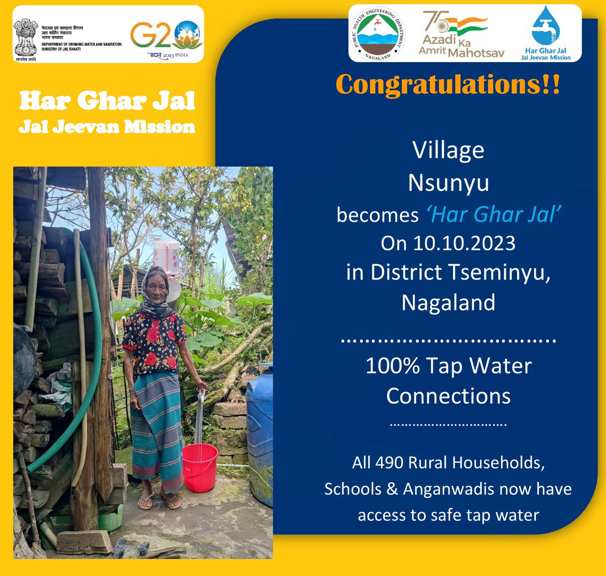 HimbTenyebinlo's tweet photo. Congratulations to my people and Nsunyu Village, Tseminyu on becoming ‘Har Ghar Jhal’ with 100% Tap water connections
Grateful to the village leaders, @nagalandphed and state leadership of Sir @jacob_zhimomi for the implementation
@blsanthosh @YepthomiBen
#ProcessForProgress https://t.co/kDOJassHsb