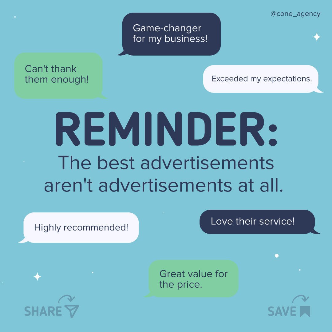 ConeCreatives's tweet photo. The whispers of satisfied customers, the genuine #recommendations from friends &amp;family, and the power of #wordofmouth. When people trust your #brand enough to share their positive experiences, you've unlocked the most potent form of #marketing that money can't buy.💯 #businesstip https://t.co/b1Bb9maiUb