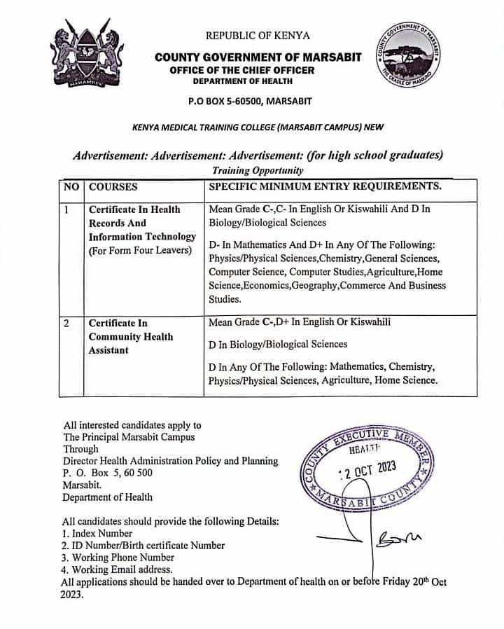 The Kenya Medical Training College (KMTC) Marsabit Campus has exciting training opportunities for you!  Take your first step towards a fulfilling career in healthcare by applying for the following programs:

1️⃣ Certificate in Health Records and Information Technology
2️⃣