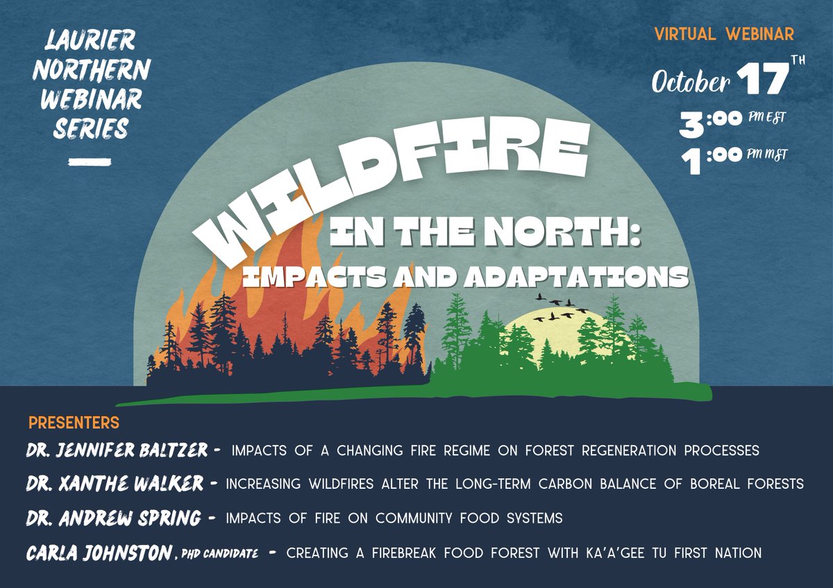 Join us for the Laurier Northern Webinar Series on Wildfire in the North: Impacts and Adaptions. @GWF 

📅 Date: Oct 17, 2023
🕒 Time: 3:00 PM EST / 1:00 PM MST

Email northernwaterfutures@gmail.com for the registration link.