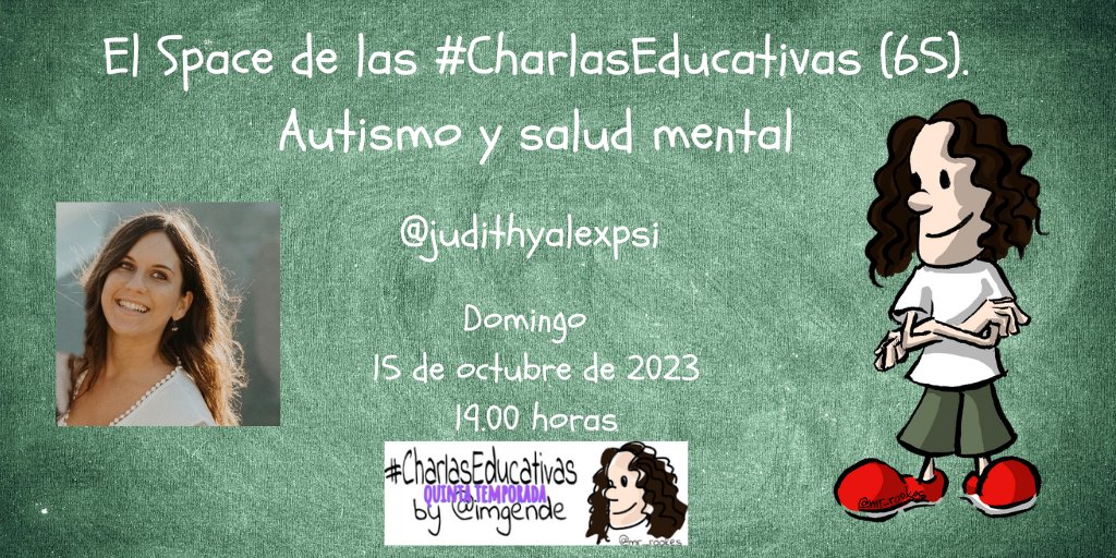 🟣 Seguimos con el mes monográfico dedicado a la #saludmental en las #CharlasEducativas.
Este domingo hablaremos de #autismo y salud mental con la psicóloga <a href="/judithyalexpsi/">Judithyalexpsicología</a>. 💯🔝
Aquí, en Twitter Spaces. 
¡No os la perdáis! ¡Os esperamos! 🥰