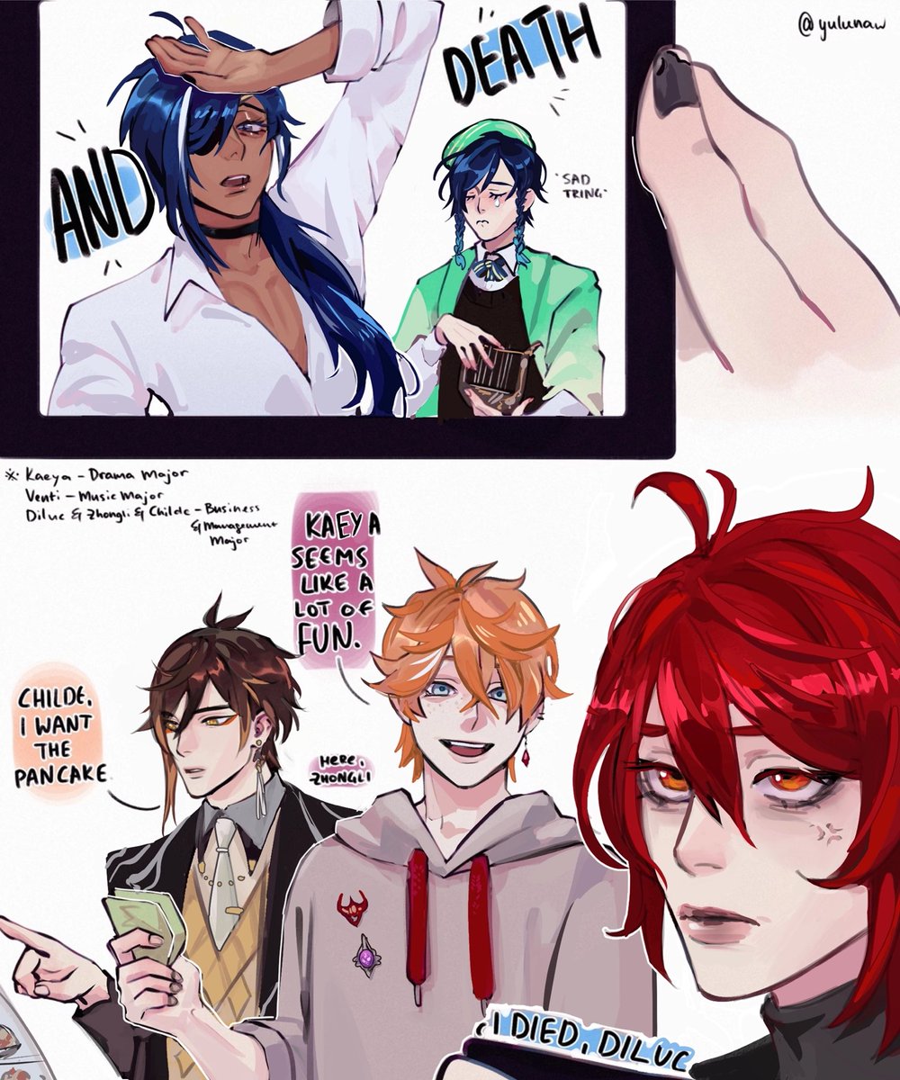 I had an urge to redraw my first ever #GenshinImpact comic New > Old #Kaeya #Diluc #Venti #Childe #Zhongli