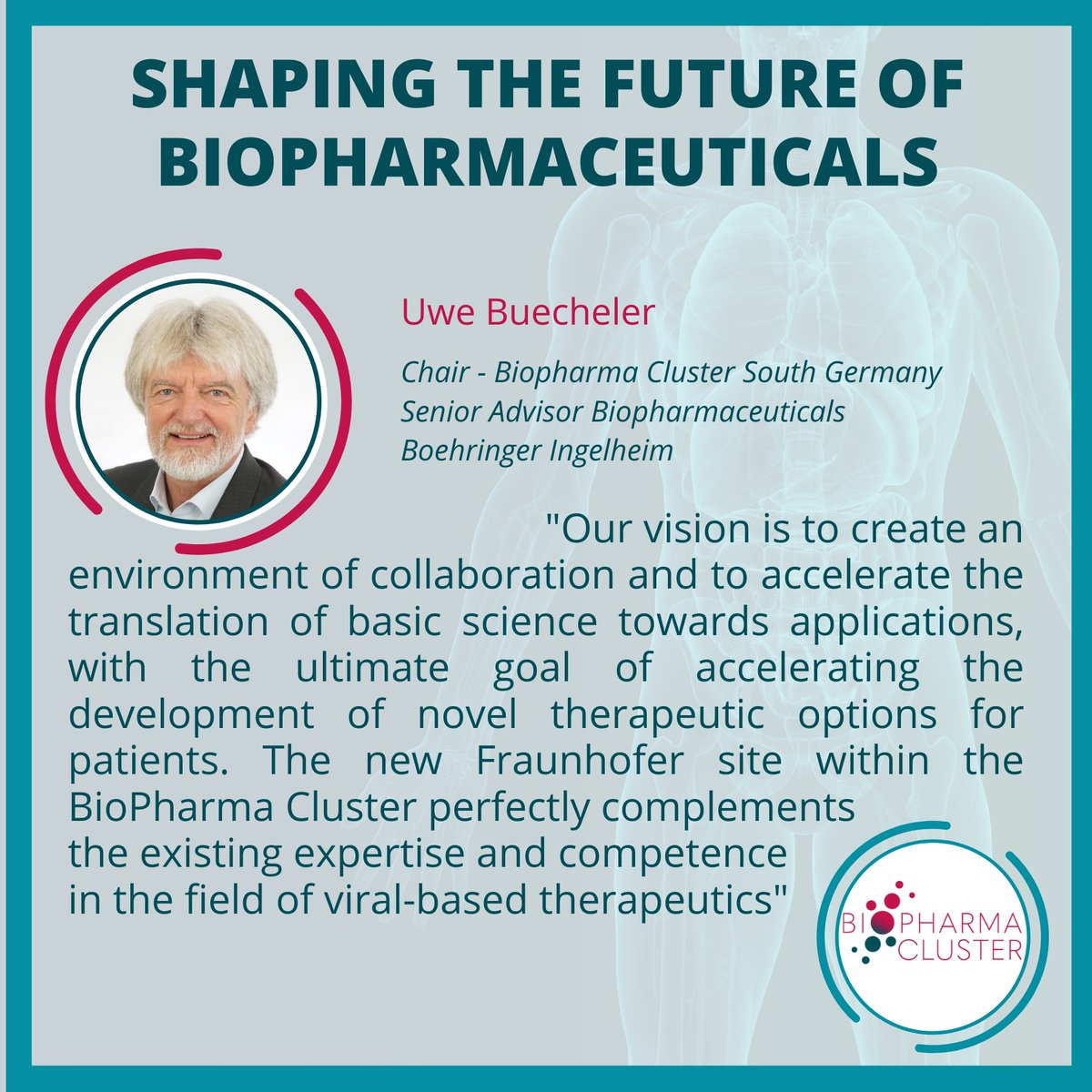 BioPharmaCL_GER's tweet photo. Shaping the Future of BioPharmaceuticals 🚀
Uwe Buecheler – Chair of the BioPharma Cluster South Germany – on developments and the role of the cluster in jointly shaping the future of #biopharmaceuticals: 👇
#Biotech #Health #ATMP #VirusBasedTherapeutics #BPCluster https://t.co/5ngRg2uNTn