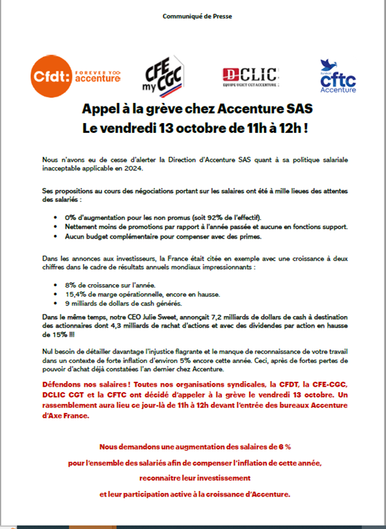 RDV demain devant le 118 Avenue de France 75013 Paris à 11h pour manifester notre désaccord face à l'absence d'augmentation de salaire chez @AccentureFrance