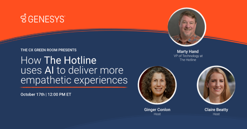 Genesys's tweet photo. Looking to serve more callers, @ndvh prioritized contact center operations, extending its ability to answer calls, texts, and chats.

Join @customeralchemy and @ClaireBeatty7 with Marty Hand, VP of Tech at The Hotline in the #CXGreenRoom to learn about their #CX transformation 👇