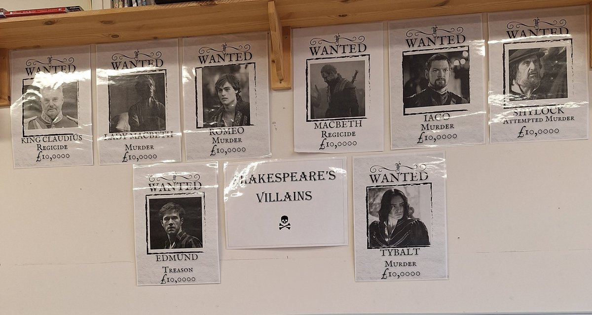 muinteoircasey's tweet photo. #Shakespeare #Villains taking centre stage on my wall in my classroom in @ClaregalwayColl  probably a few more that could have joined them! @ShakespeareBT @Shakespeare https://t.co/oKdmzDzLnw