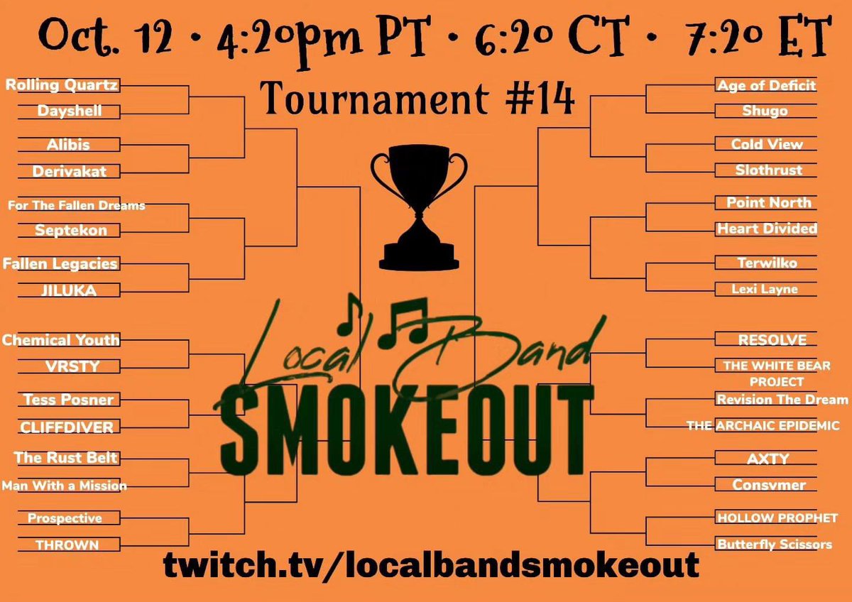 BG of Local Band Smokeout (@localbandbg) on Twitter photo Today! Good luck to all the bands competing 🤘 <a href="/Rolling_Quartz/">Rolling Quartz Official</a> <a href="/DayShell/">DayShell🐚</a> <a href="/FTFDband/">For The Fallen Dreams</a> <a href="/vrsty_nyc/">VRSTY</a> <a href="/AXTYOfficial/">AXTY</a> <a href="/PointNorthBand/">Point North</a> <a href="/chemicalyouth95/">Chemical Youth</a> <a href="/derivakat/">kat ♪ downfall</a> <a href="/LexiLayne/">𝕷𝖊𝖝𝖎🥀𝕷𝖆𝖞𝖓𝖊</a> <a href="/cliffdiverOK/">𝑪𝑳𝑰𝑭𝑭𝑫𝑰𝑽𝑬𝑹</a> Today! Good luck to all the bands competing 🤘 <a href="/Rolling_Quartz/">Rolling Quartz Official</a> <a href="/DayShell/">DayShell🐚</a> <a href="/FTFDband/">For The Fallen Dreams</a> <a href="/vrsty_nyc/">VRSTY</a> <a href="/AXTYOfficial/">AXTY</a> <a href="/PointNorthBand/">Point North</a> <a href="/chemicalyouth95/">Chemical Youth</a> <a href="/derivakat/">kat ♪ downfall</a> <a href="/LexiLayne/">𝕷𝖊𝖝𝖎🥀𝕷𝖆𝖞𝖓𝖊</a> <a href="/cliffdiverOK/">𝑪𝑳𝑰𝑭𝑭𝑫𝑰𝑽𝑬𝑹</a>
