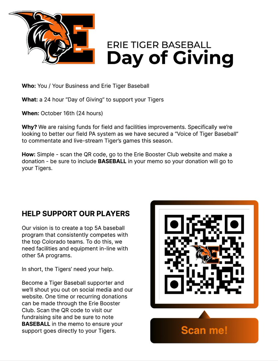 webhank's tweet photo. I'm running out of things to say about the @BaseballErie Day of Giving. Here it is in a nutshell.

1. October 16th
2. You can give online or at King Soopers in Erie
3. Any amount helps
4. We are hoping to raise enough funds to purchase a PA system and a new Hack Attack.

#skotigs https://t.co/gjzF9wD8jZ