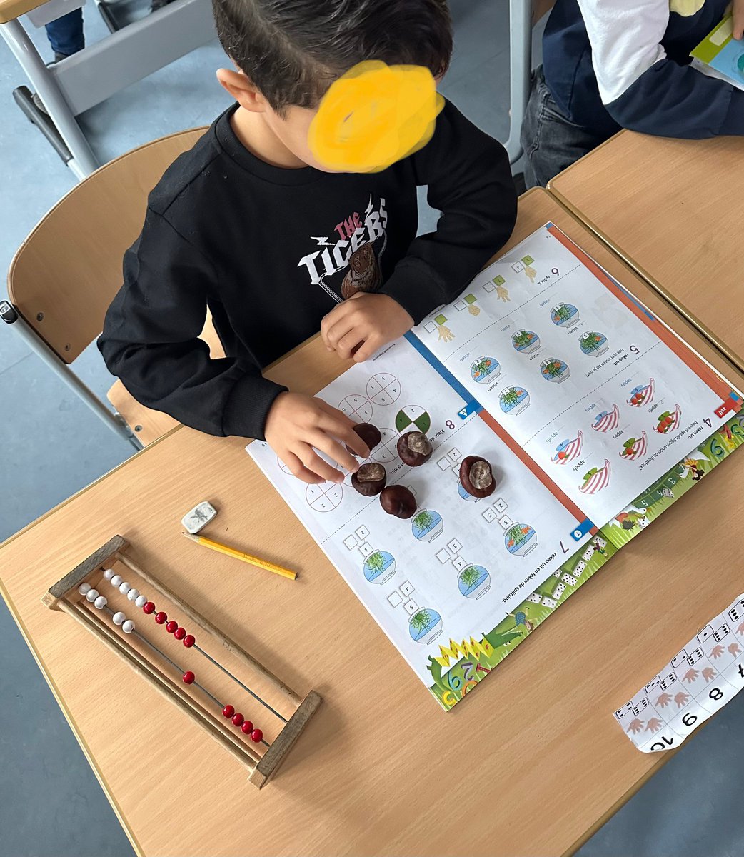 schoolaliman3's tweet photo. Groep 3b heeft de herfst naar binnen gehaald om het rekenen op te leuken. Vandaag hebben ze leren 'splitsen' met kastanjes. 🍂 https://t.co/cefQWu6byw